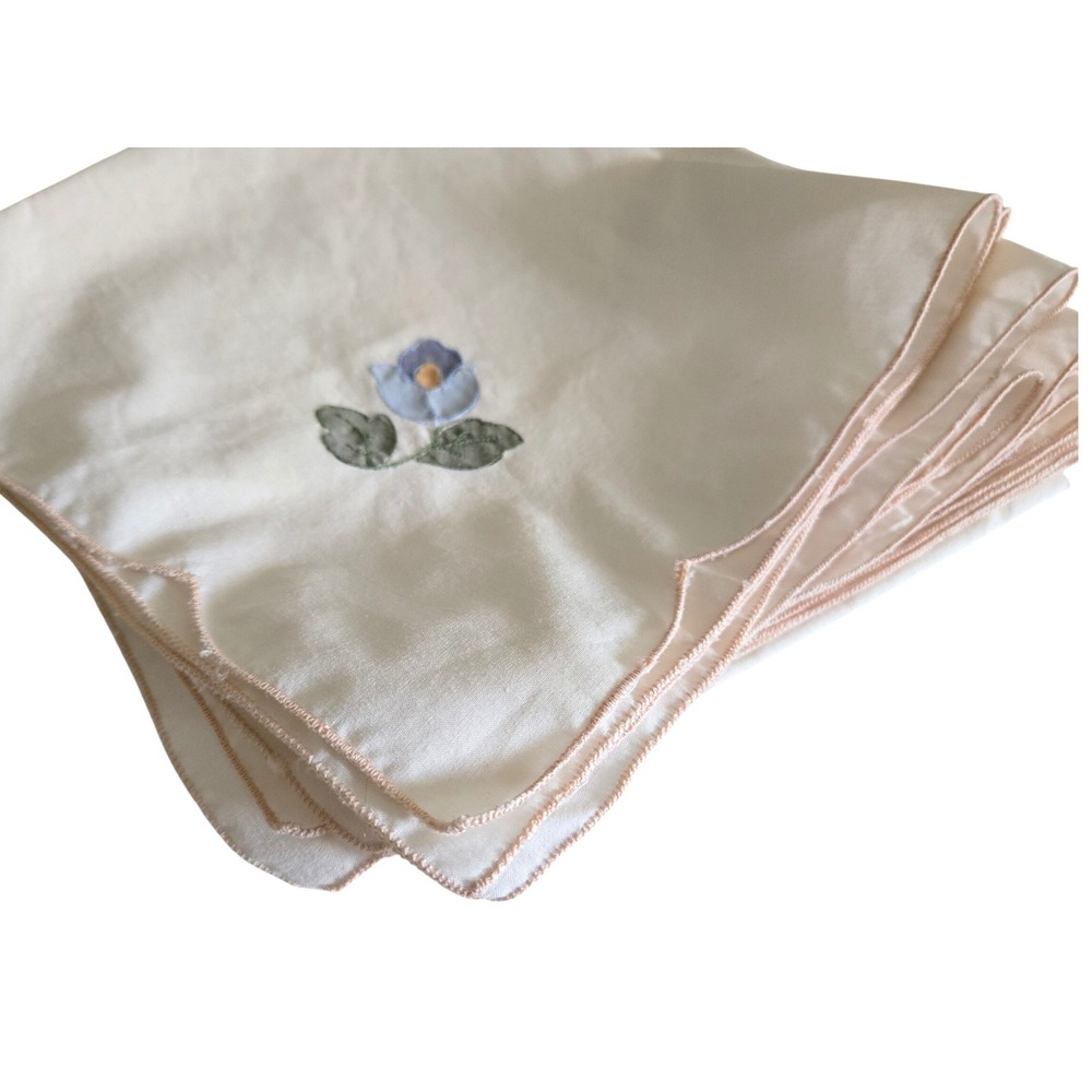Vintage 16" Napkins Cream Applique Flower Set of 8 Hand Stitched Embroidered